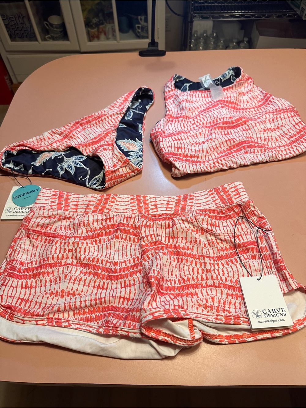 NWT Carve Designs Coral & White Reversible Bikini Top and Shorts Set